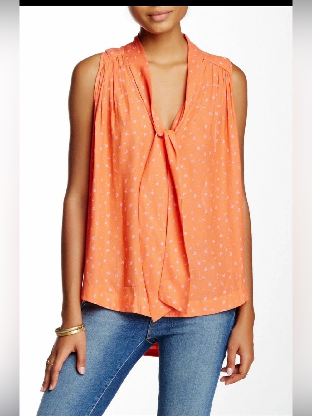 FREE PEOPLE Sleeveless Printed Tie Front Top in Coral (Orange) size medium